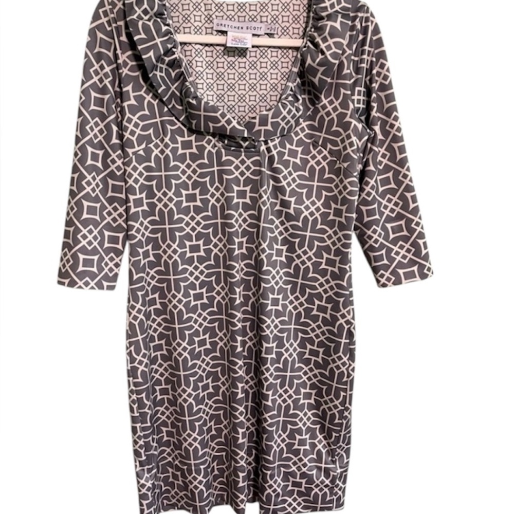 GRETCHEN SCOTT Silver Gray White Geometrical Print Ruffle Collar Dress S…